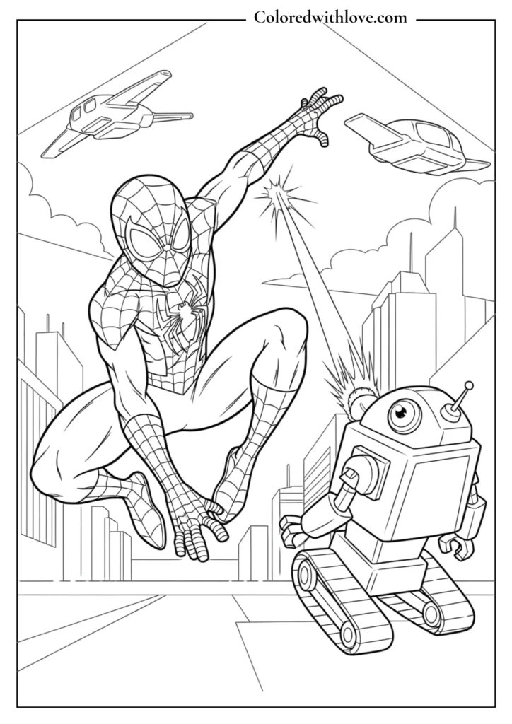 spiderman fighting robot city attack coloring page printable