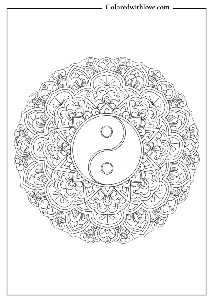 yin yang mandala coloring page with intricate floral patterns black and white