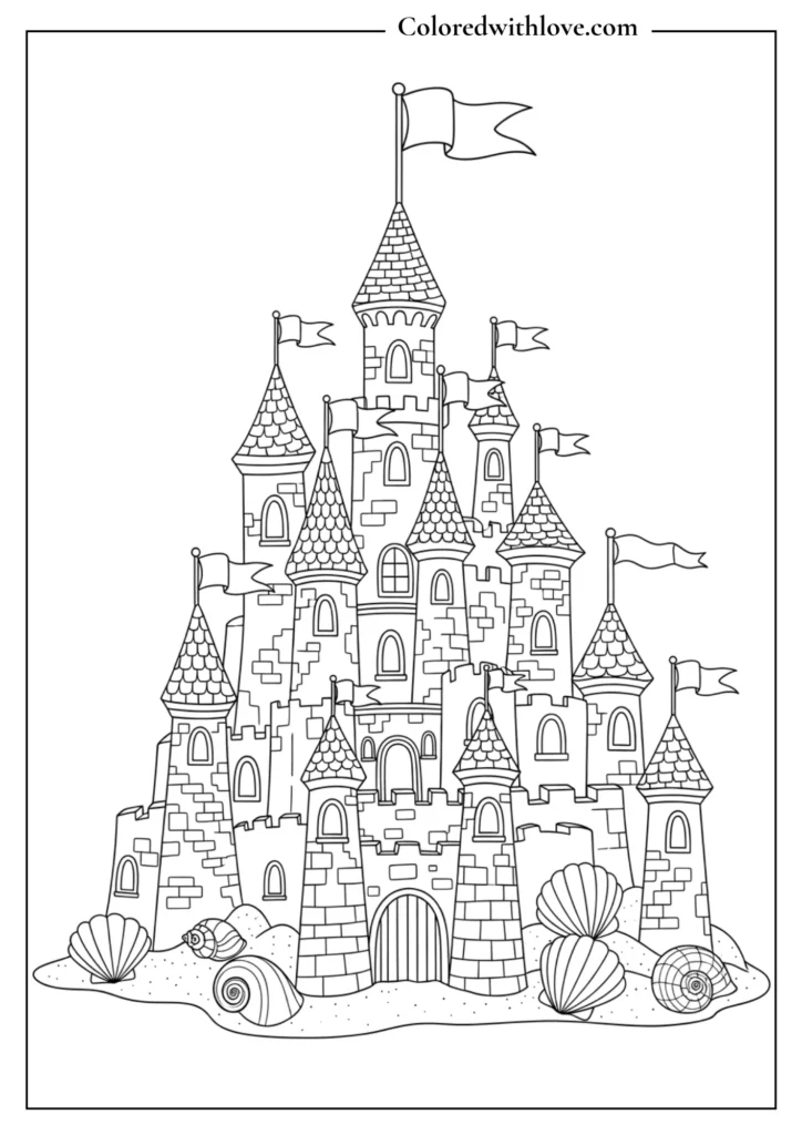 detailed sandcastle on the beach coloring page with shells and flags for kids