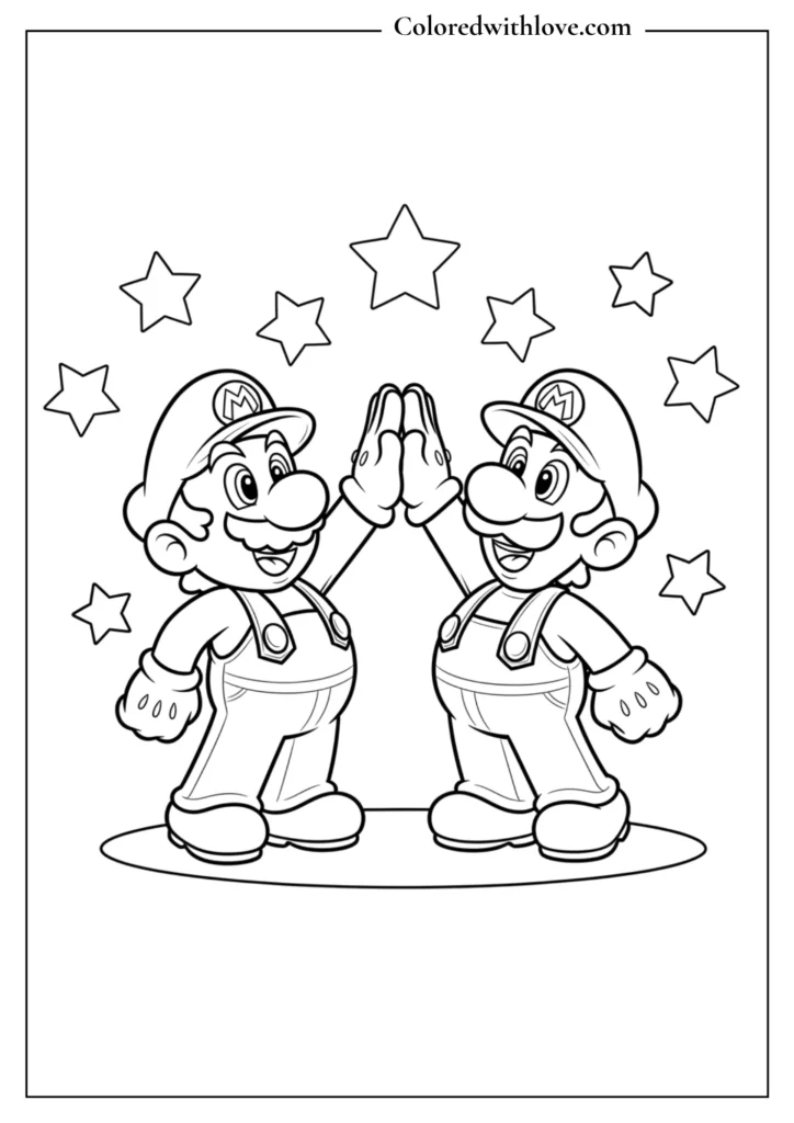 Mario gives a high five to another Mario surrounded by stars in this fun coloring page