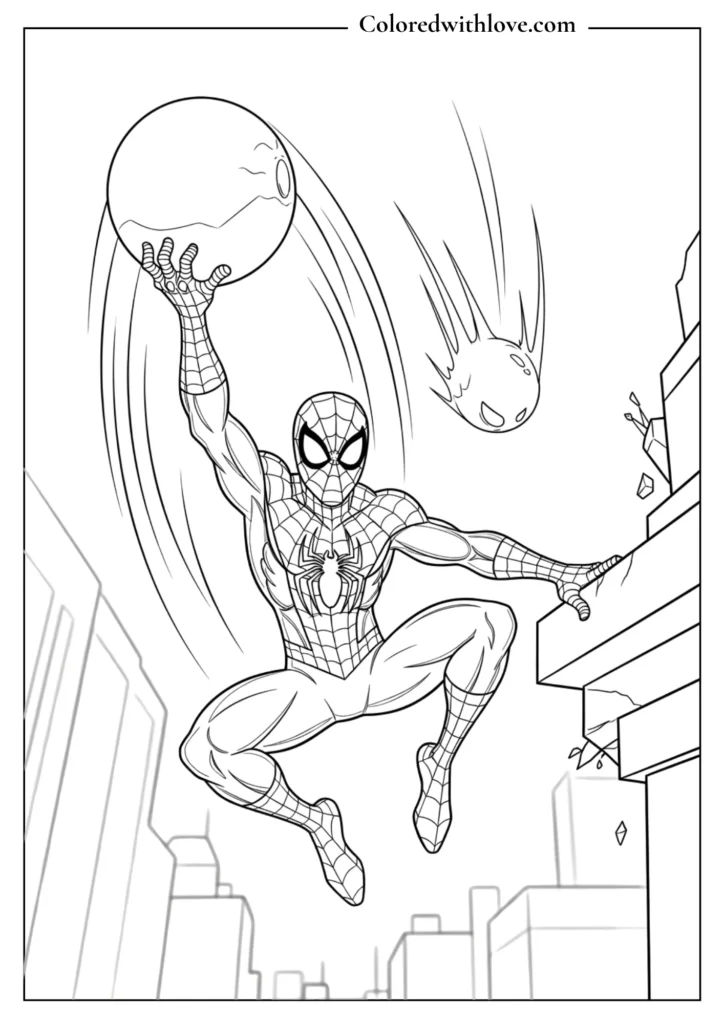 spiderman throwing meteor sky action coloring page printable