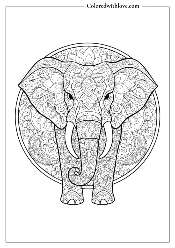 elephant mandala coloring page with detailed decorative patterns black and white