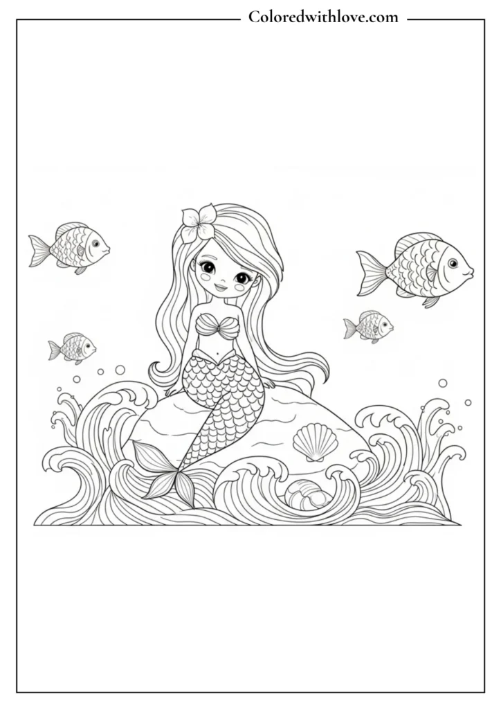 adorable mermaid sitting on a rock with fish and waves coloring page for kids