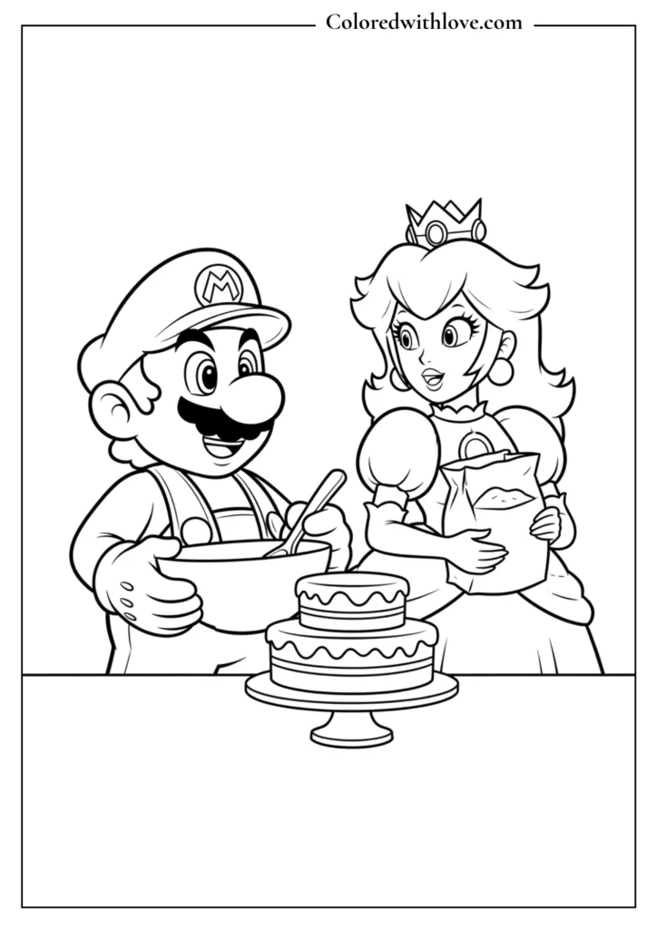 Mario mixes ingredients while Princess Peach holds a bag next to a cake in this coloring page
