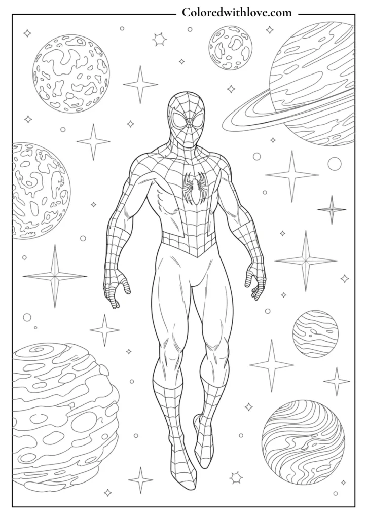 spiderman in space with planets stars coloring page printable