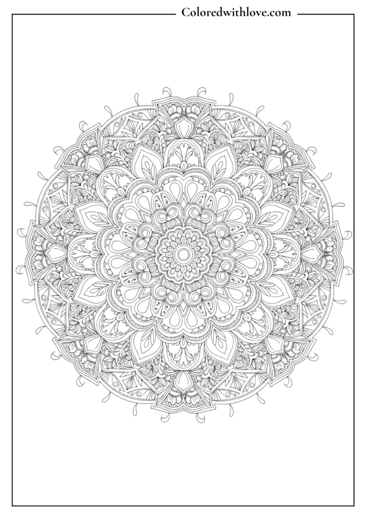complex mandala coloring page with detailed symmetrical patterns for adults and teens
