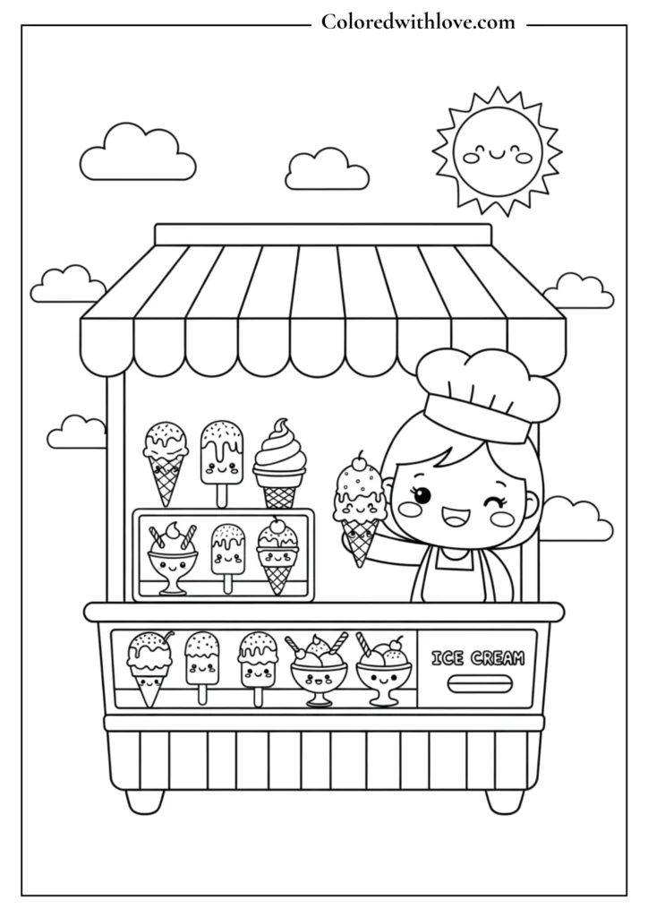 Cute girl selling ice cream cones at a stand with smiling desserts summer coloring page