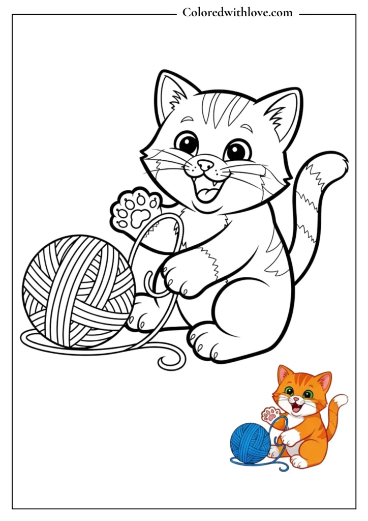 Cute kitten playing with yarn