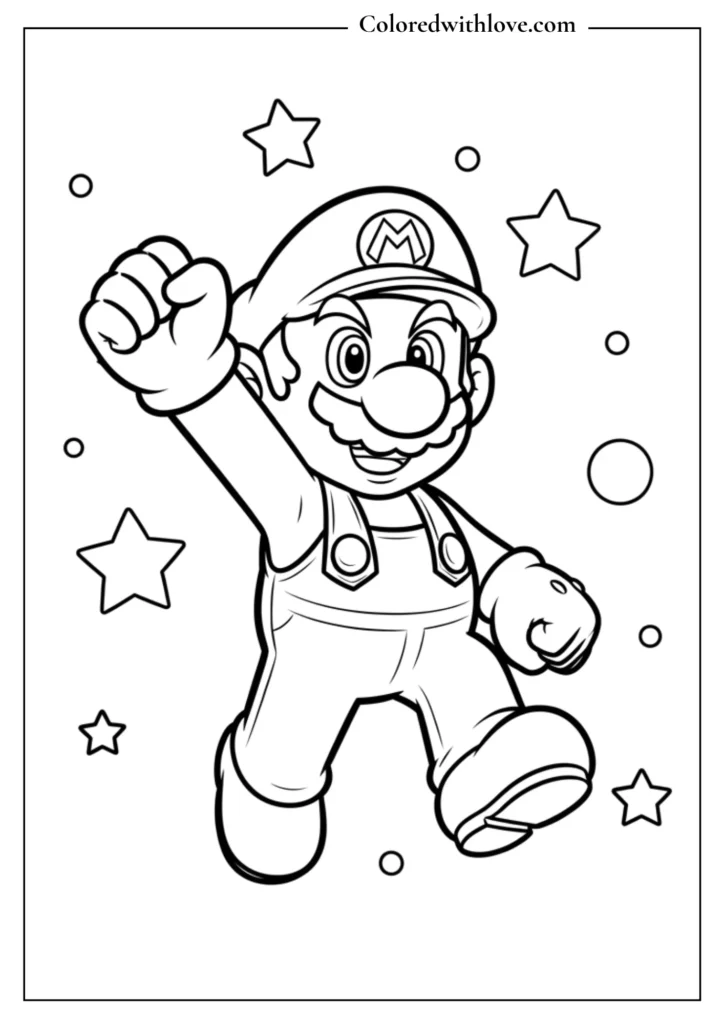 Mario jumps with his fist raised surrounded by stars in this fun coloring page