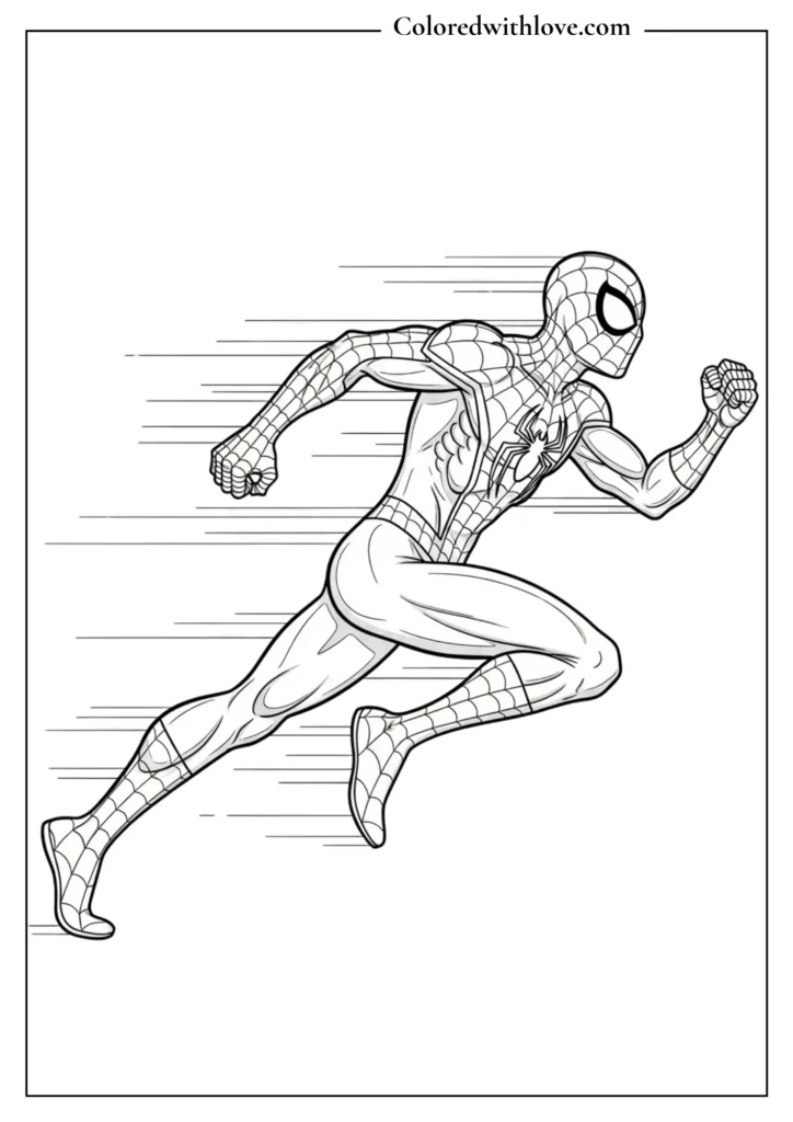 spiderman running fast action coloring page printable for kids