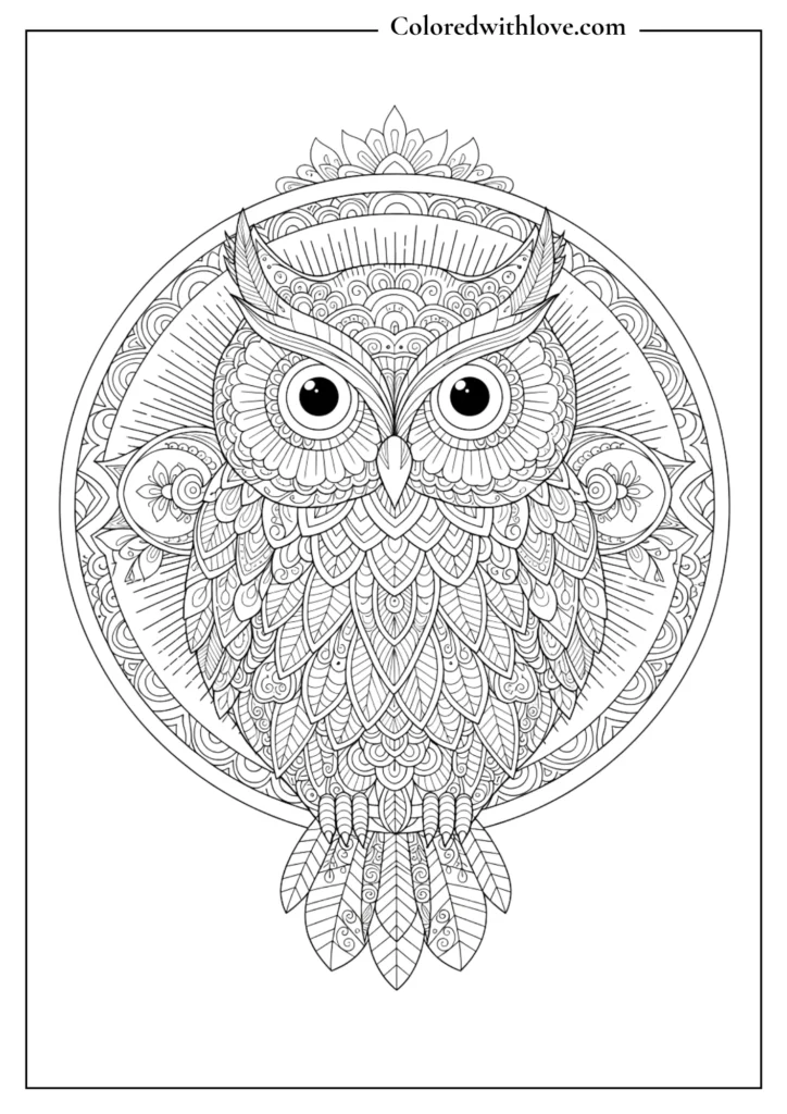 owl mandala coloring page with detailed feathers and symmetrical patterns