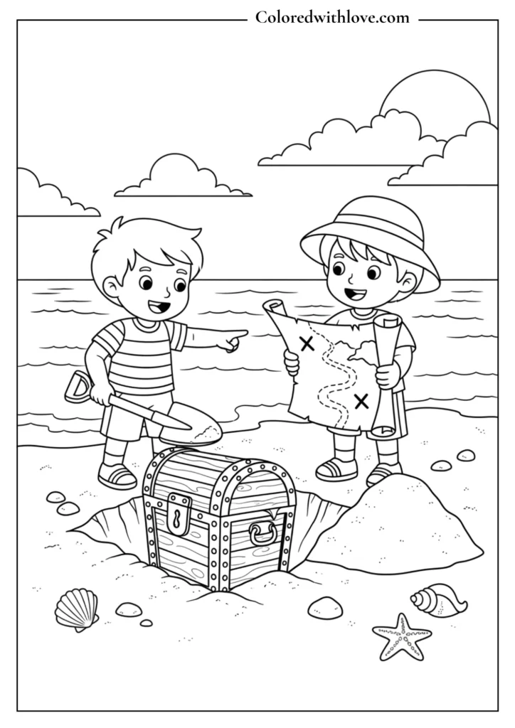kids finding treasure chest on the beach with map coloring page