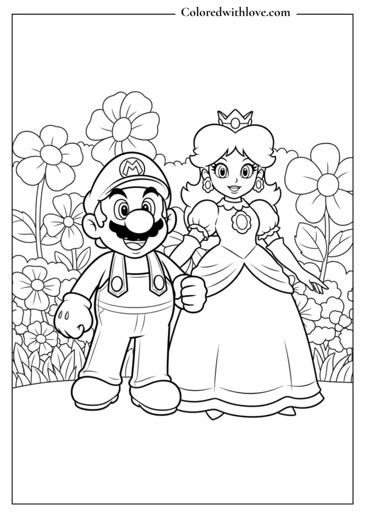 Mario stands with Princess Peach in a garden full of flowers in this Super Mario coloring page
