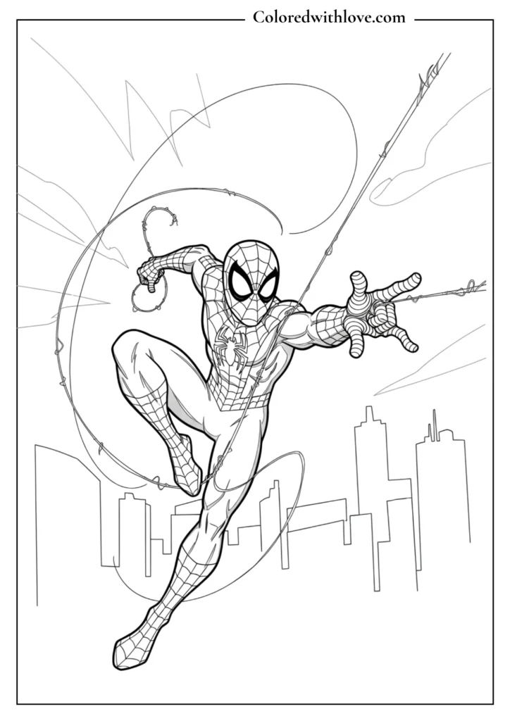 spiderman swinging dynamic web action coloring page printable city