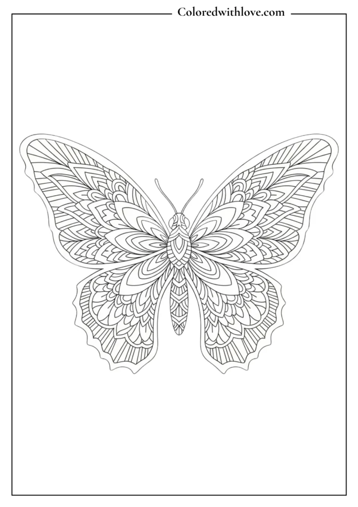 butterfly mandala coloring page with intricate wing patterns black and white
