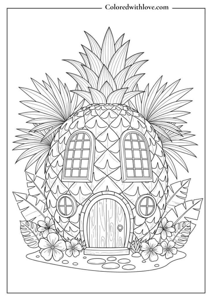 cute pineapple house with windows and plants coloring page for kids