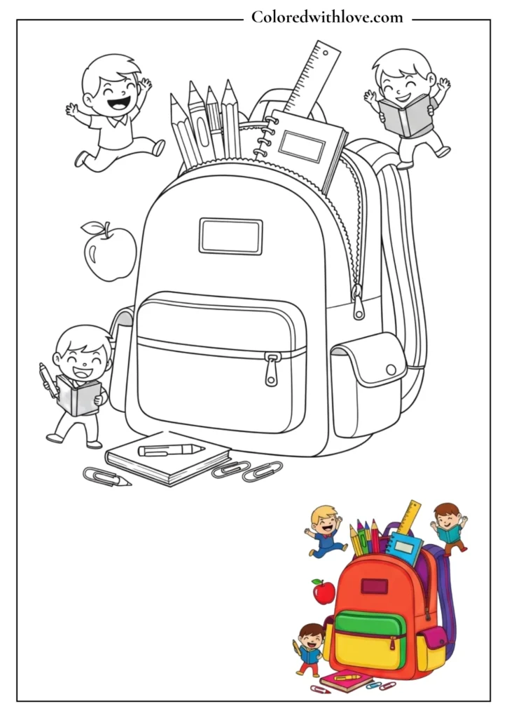 School backpack with supplies and kids