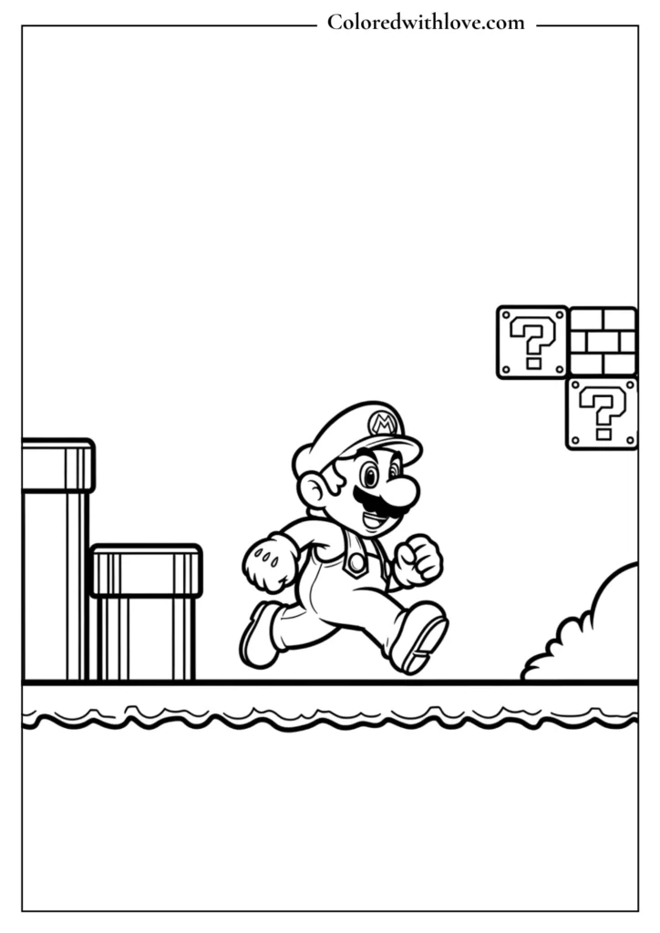 Mario runs through a classic platform level with pipes and blocks in this coloring page