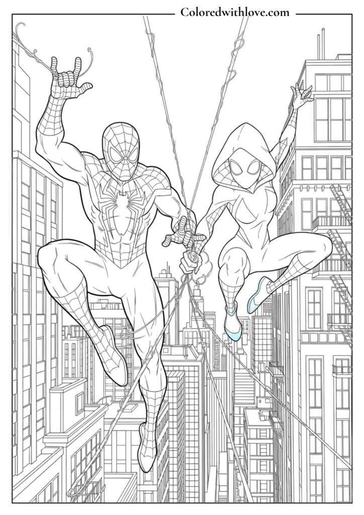 spiderman and spider girl swinging together city coloring page printable