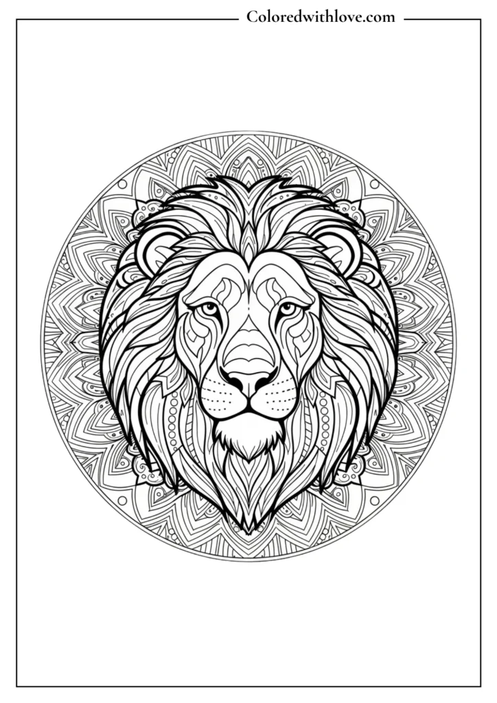 lion mandala coloring page with detailed mane and circular patterns