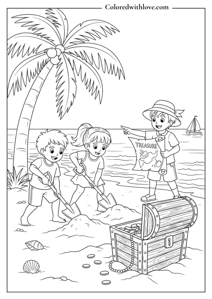 children digging sand and finding treasure chest on beach coloring page