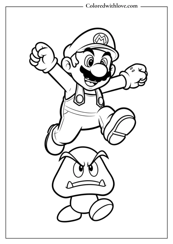 Mario jumps on a Goomba enemy in an action scene in this Super Mario coloring page
