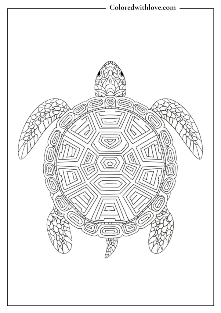 turtle mandala coloring page with geometric shell patterns black and white
