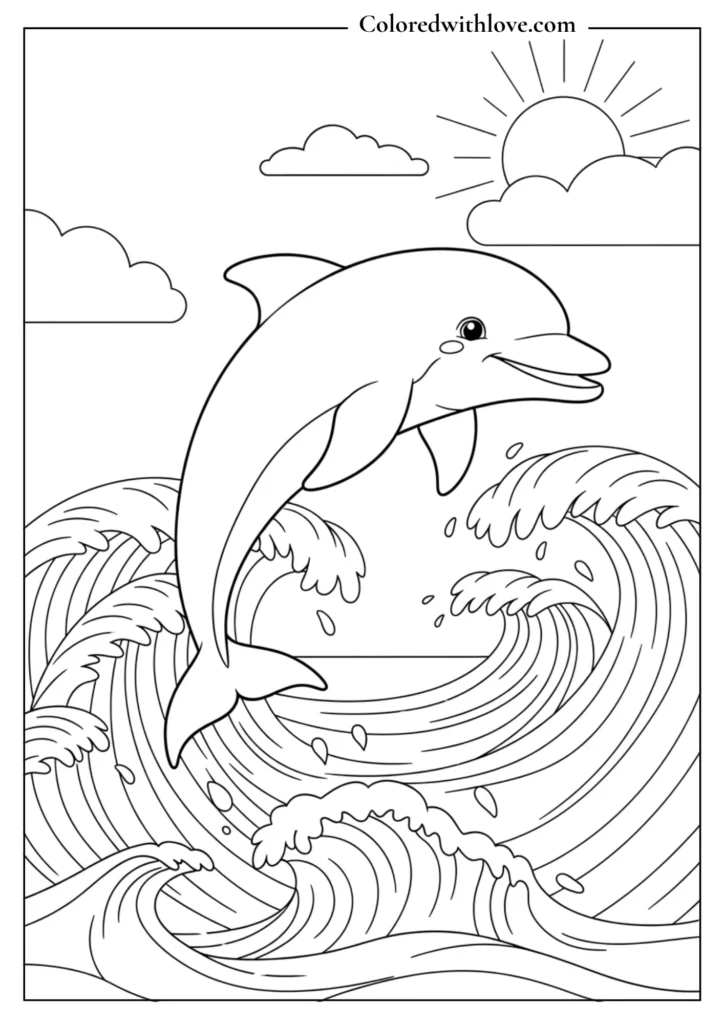 happy dolphin jumping over waves under the sun coloring page for kids
