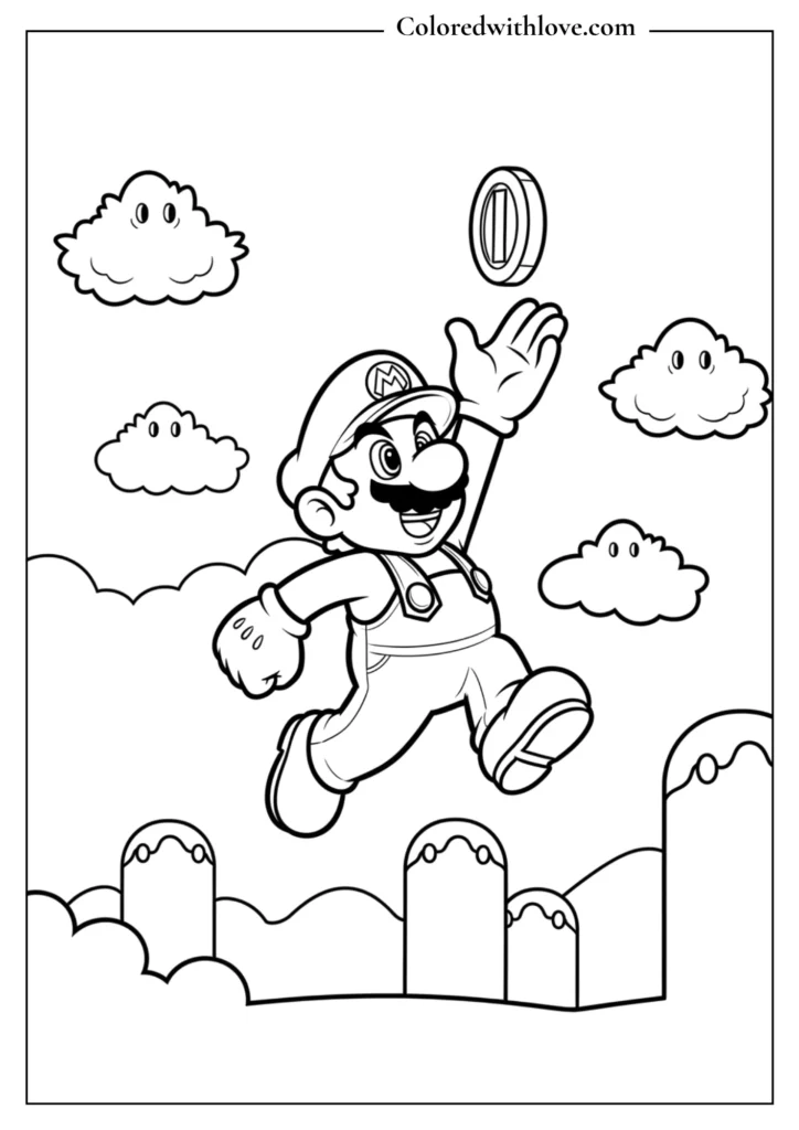 Mario jumps to catch a coin in the sky surrounded by clouds in this coloring page