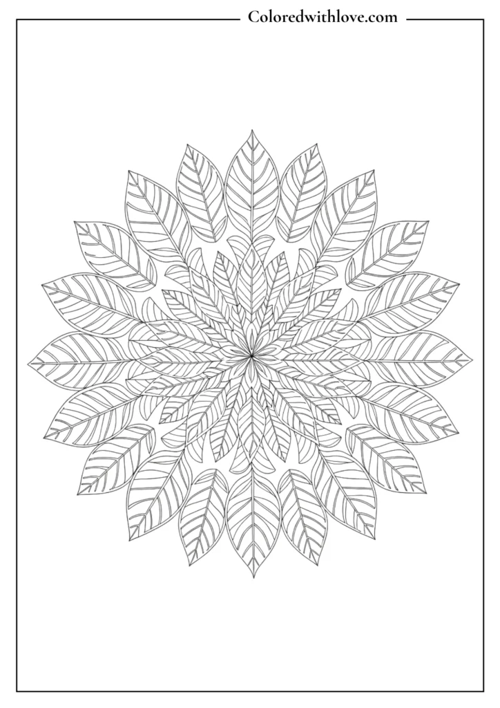 leaf mandala coloring page with symmetrical botanical patterns black and white