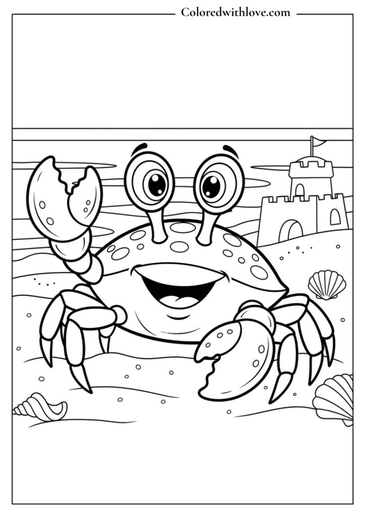 smiling crab on the beach with shells and sand coloring page