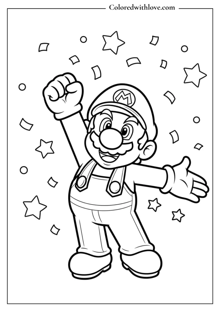 Mario celebrates with arms raised and confetti around him in this Super Mario coloring page