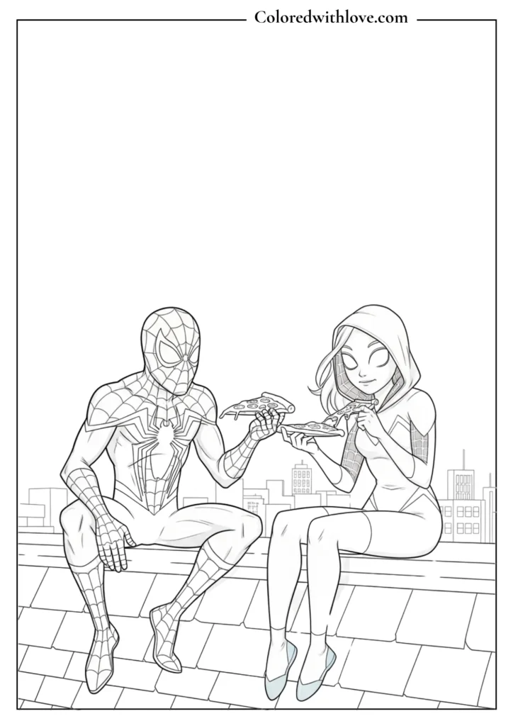 spiderman and spider girl eating pizza together coloring page printable