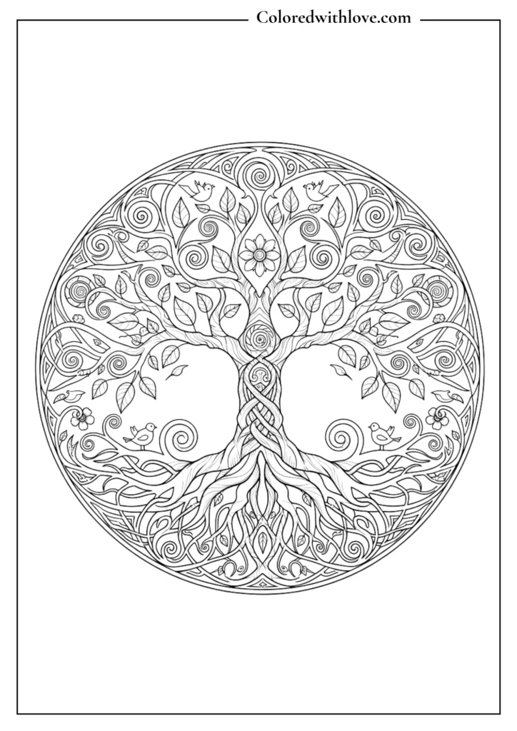 tree of life mandala coloring page with birds and swirling branches
