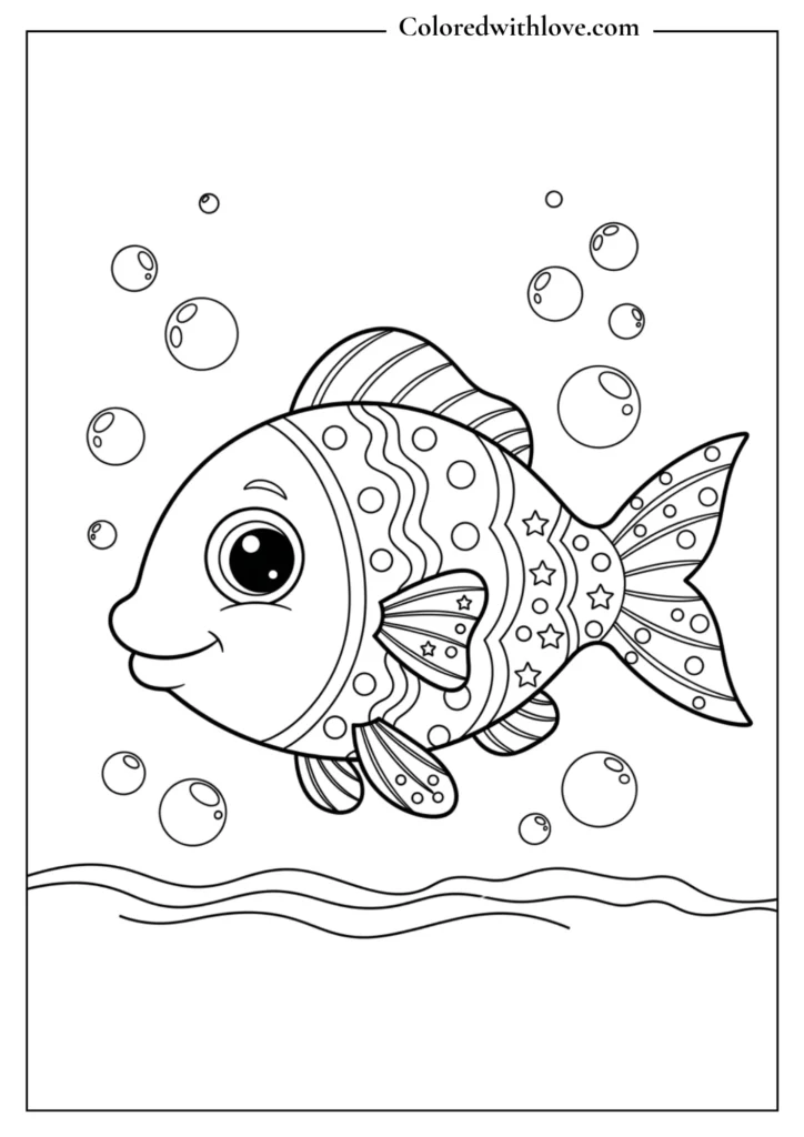 simple cartoon fish with bubbles underwater coloring page for kids
