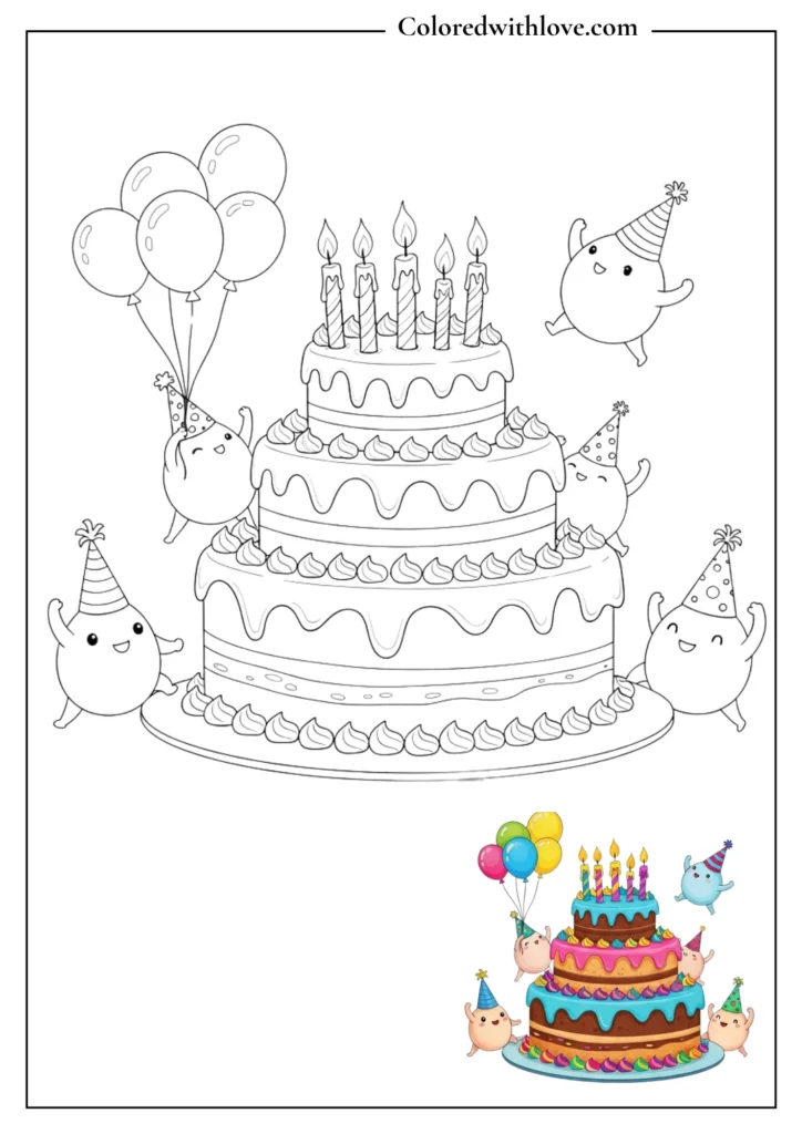 Birthday cake with candles and balloons