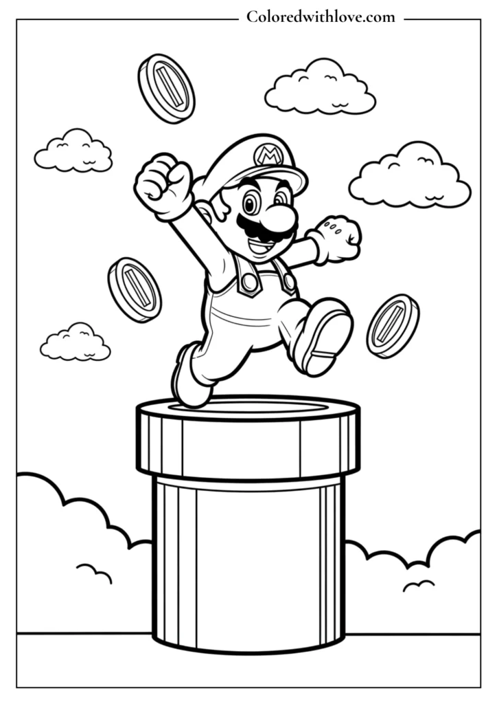 Mario jumps on a pipe while collecting coins in the sky in this Super Mario coloring page