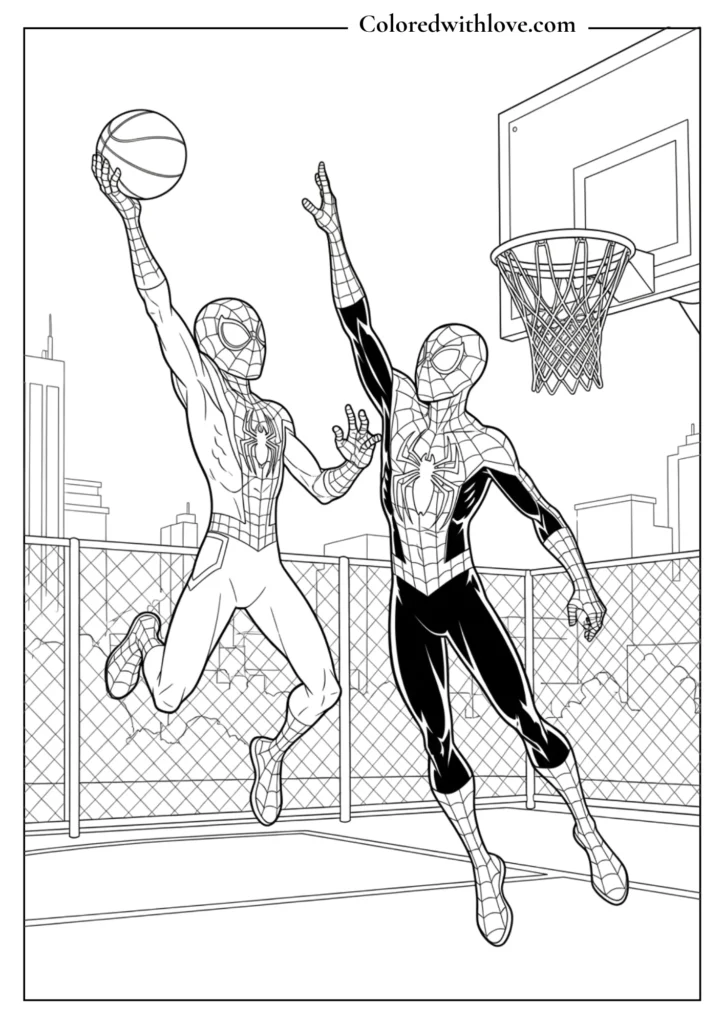 spiderman playing basketball dunk action coloring page printable