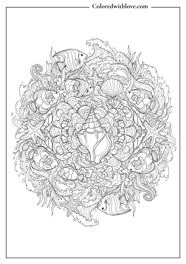 underwater mandala coloring page with fish shells and ocean elements