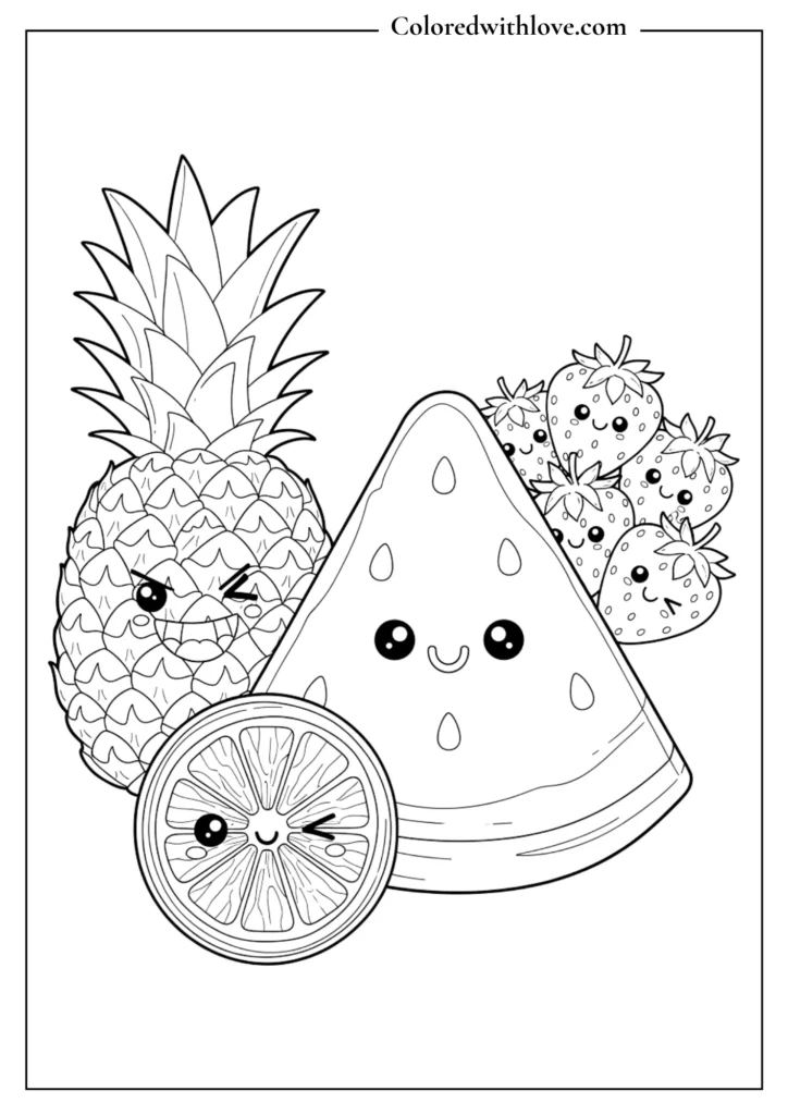 kawaii pineapple watermelon lemon and strawberries coloring page for kids