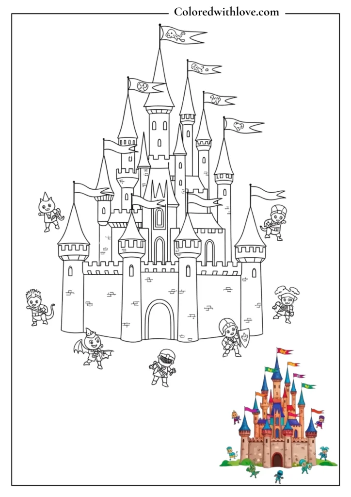 Fairy tale castle with flags and characters