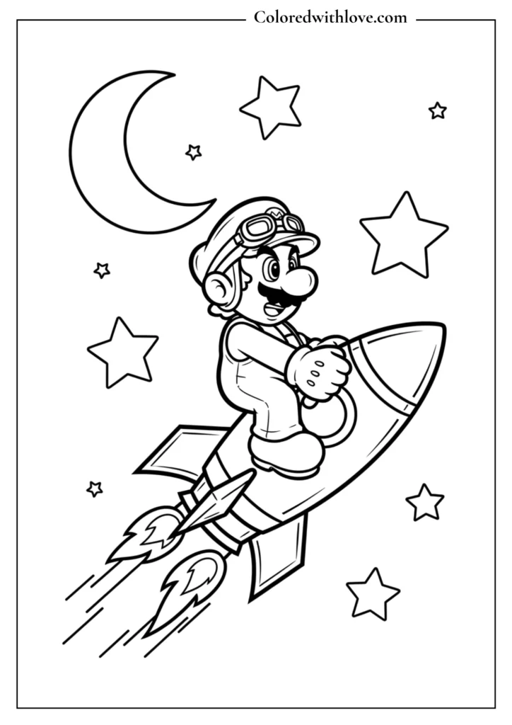 Mario rides a rocket through the sky with stars and moon in this coloring page