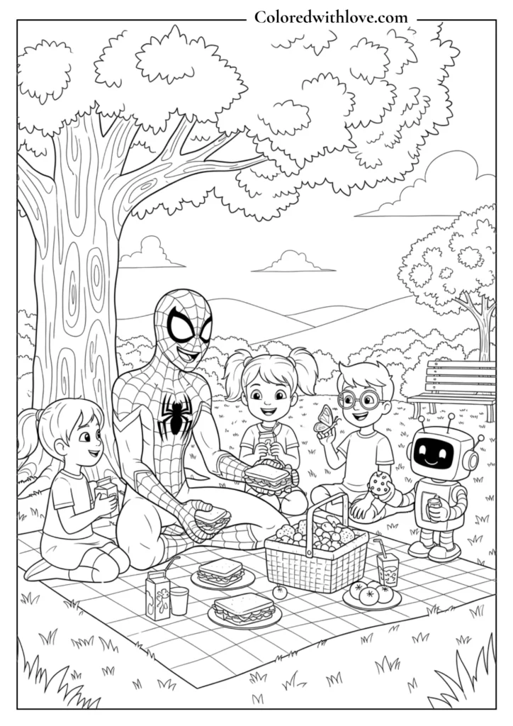 spiderman picnic with kids park coloring page printable