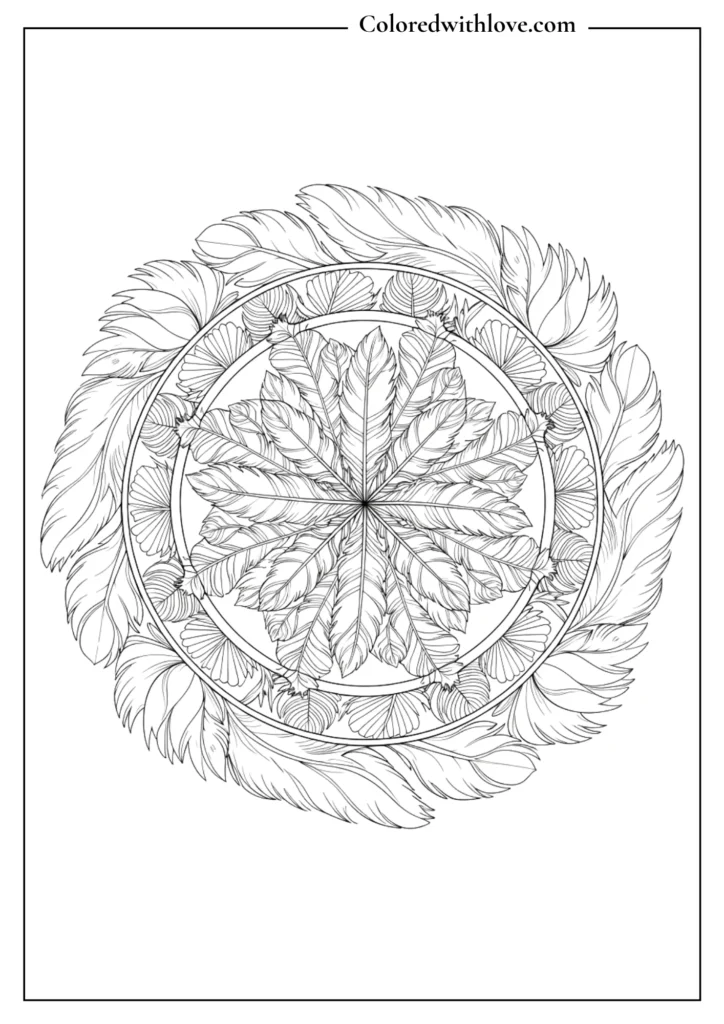 feather mandala coloring page with circular arrangement black and white