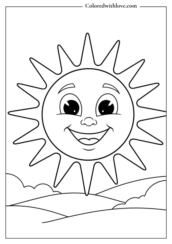 happy smiling sun with rays and clouds coloring page for kids
