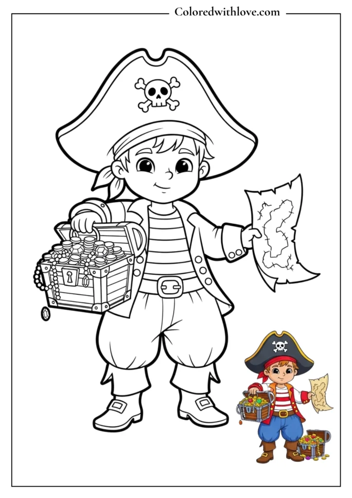 Cute pirate holding treasure chest and map