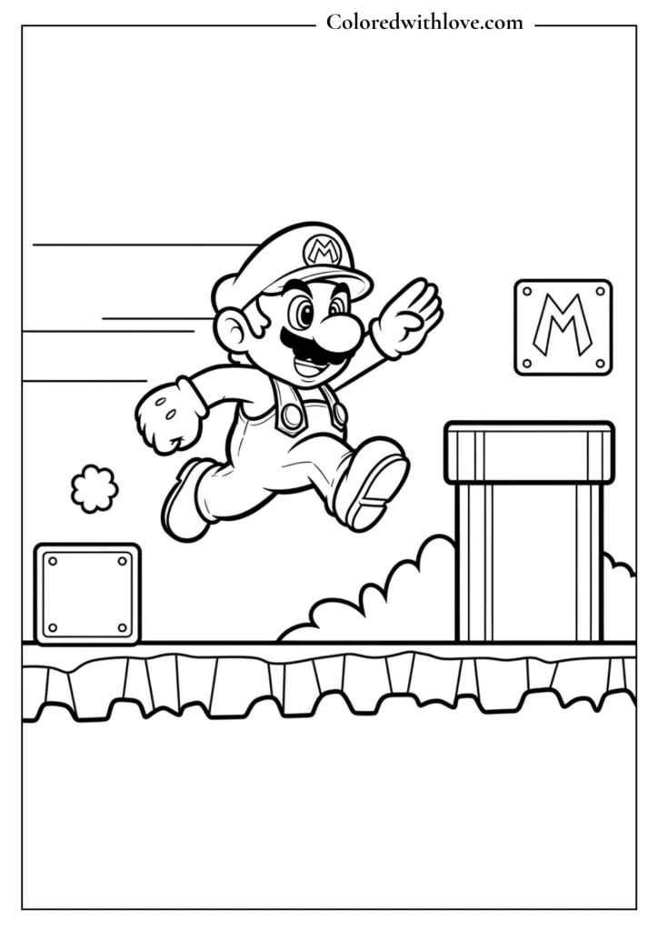 Mario runs quickly through a platform level with pipes and blocks in this coloring page