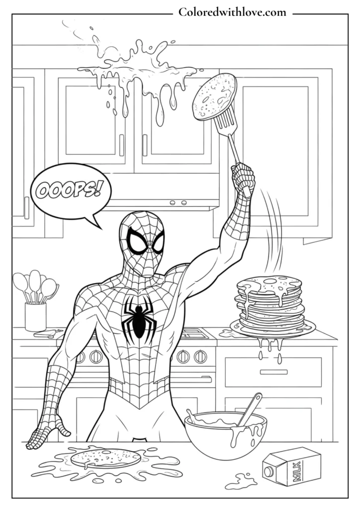 spiderman cooking pancakes messy kitchen coloring page printable