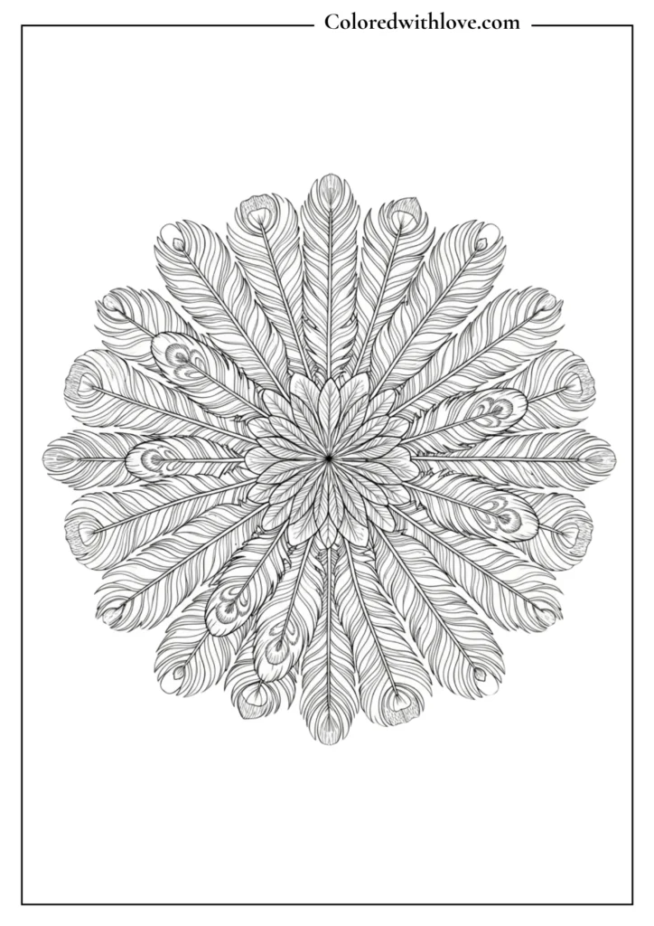 peacock feather mandala coloring page with detailed textures black and white
