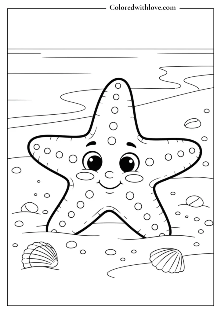 smiling starfish on the beach with shells coloring page for kids